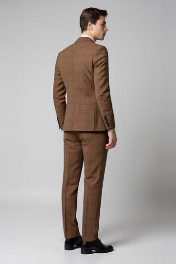 3 Peças Slim Fit Verificado Entalado Lapela Marrom Fato Homem